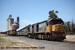 Two trains at Hopetoun (Vic). A late running El Zorro mineral sands train hauled by 442s2-T386-S302 has just arrived to share the yard with Pacific National's XR559 and XR555 on a grain train at midday on Wed.14.11.2012.
